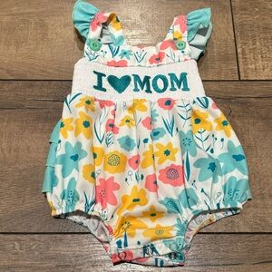 Baby Girl Marie Nicole Floral “I Love Mom” Smocked Bubble Ruffle Romper: 0-3 Mo